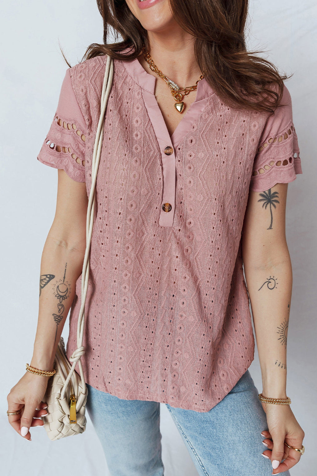 Eyelet Textured Half-Button Short Sleeve Blouse