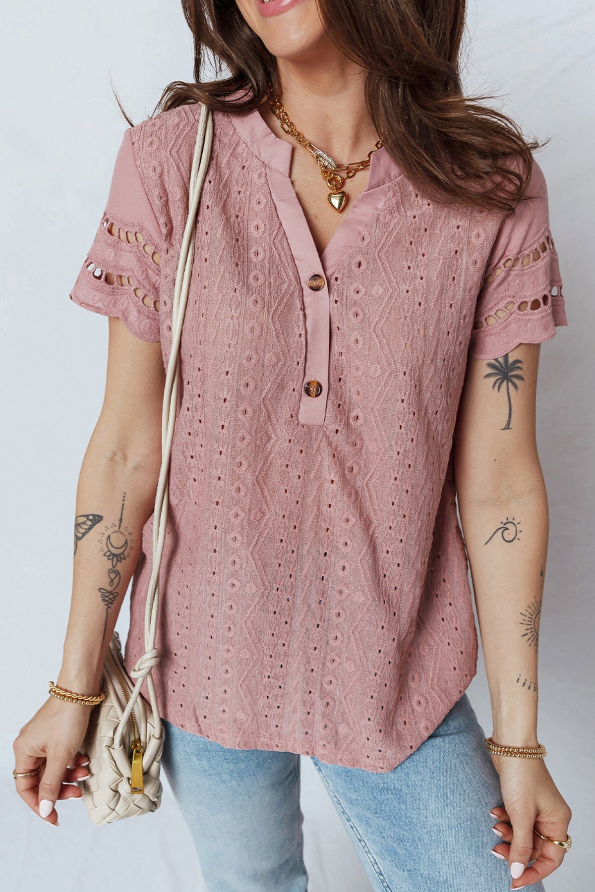 Eyelet Textured Half-Button Short Sleeve Blouse