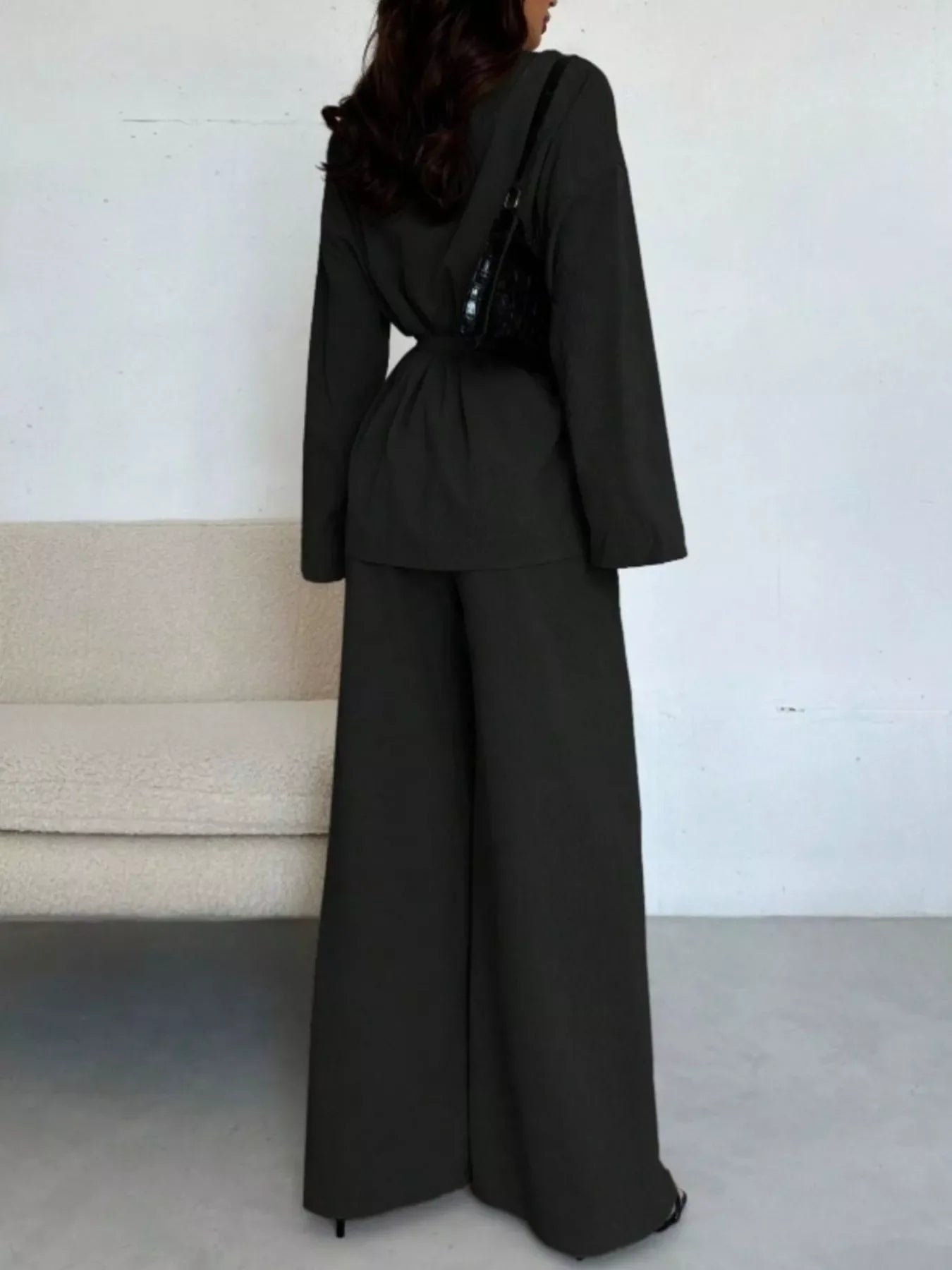 Textured Tie Waist Top and Wide-Leg Pants Set