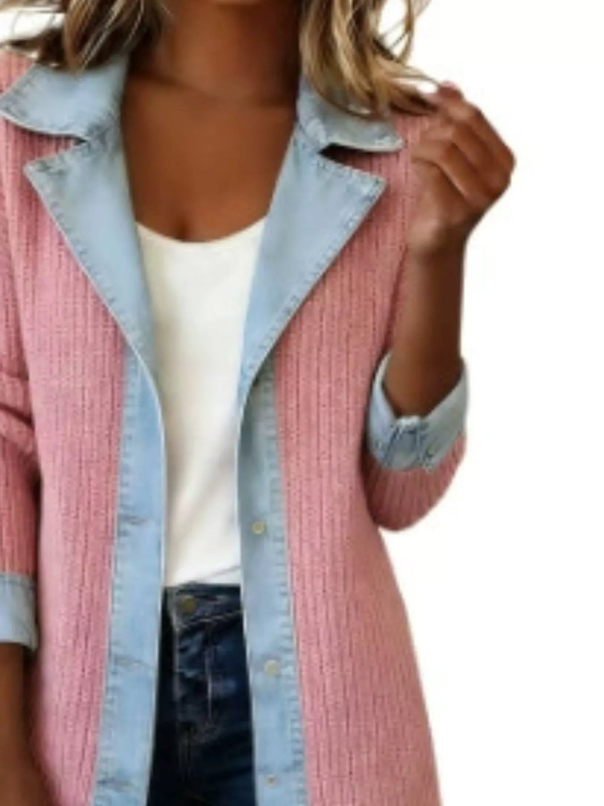 Full Size Denim Trim Ribbed Knit Jacket Plus Size