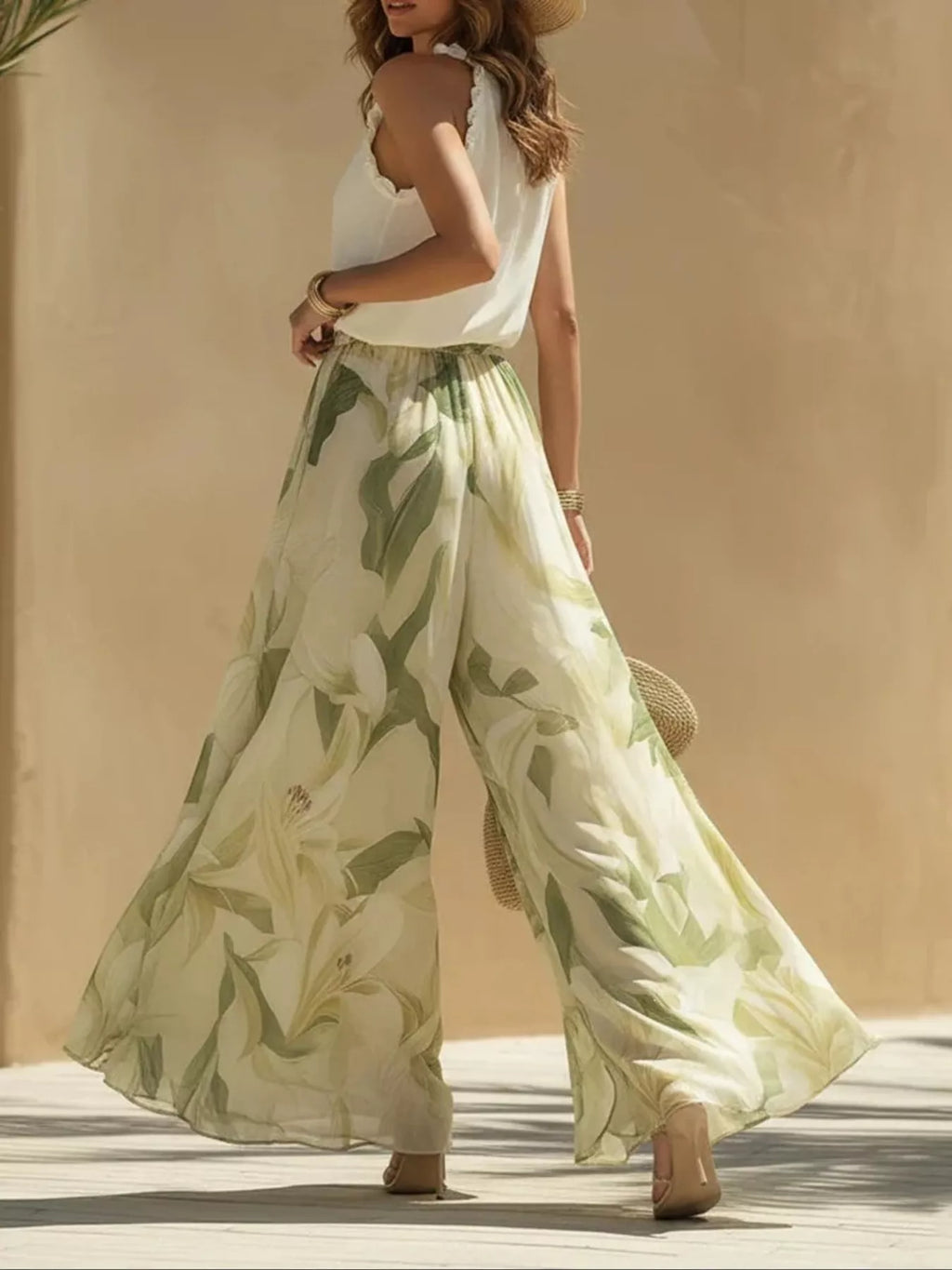 Frill Sleeveless Top and Wide-Leg Pants Two-Piece Set