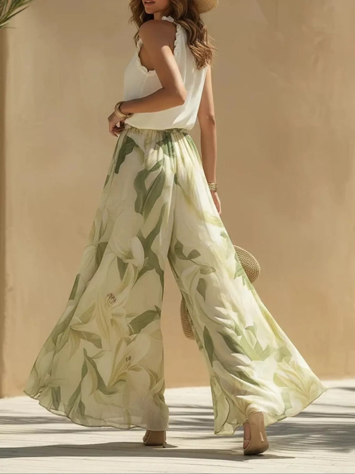 Frill Sleeveless Top and Wide-Leg Pants Two-Piece Set
