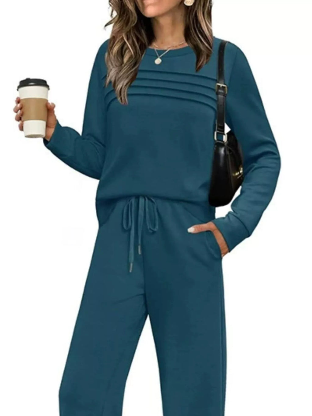 Full Size Casual Long Sleeve Crewneck Top and Drawstring Pants Set Plus Size