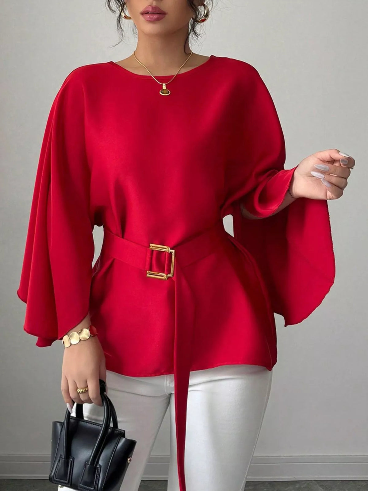 Round Neck Belt Batwing Sleeve Blouse
