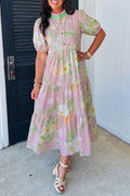 Pink Floral Print Short Puff Sleeve High Waist Tiered Maxi Dress