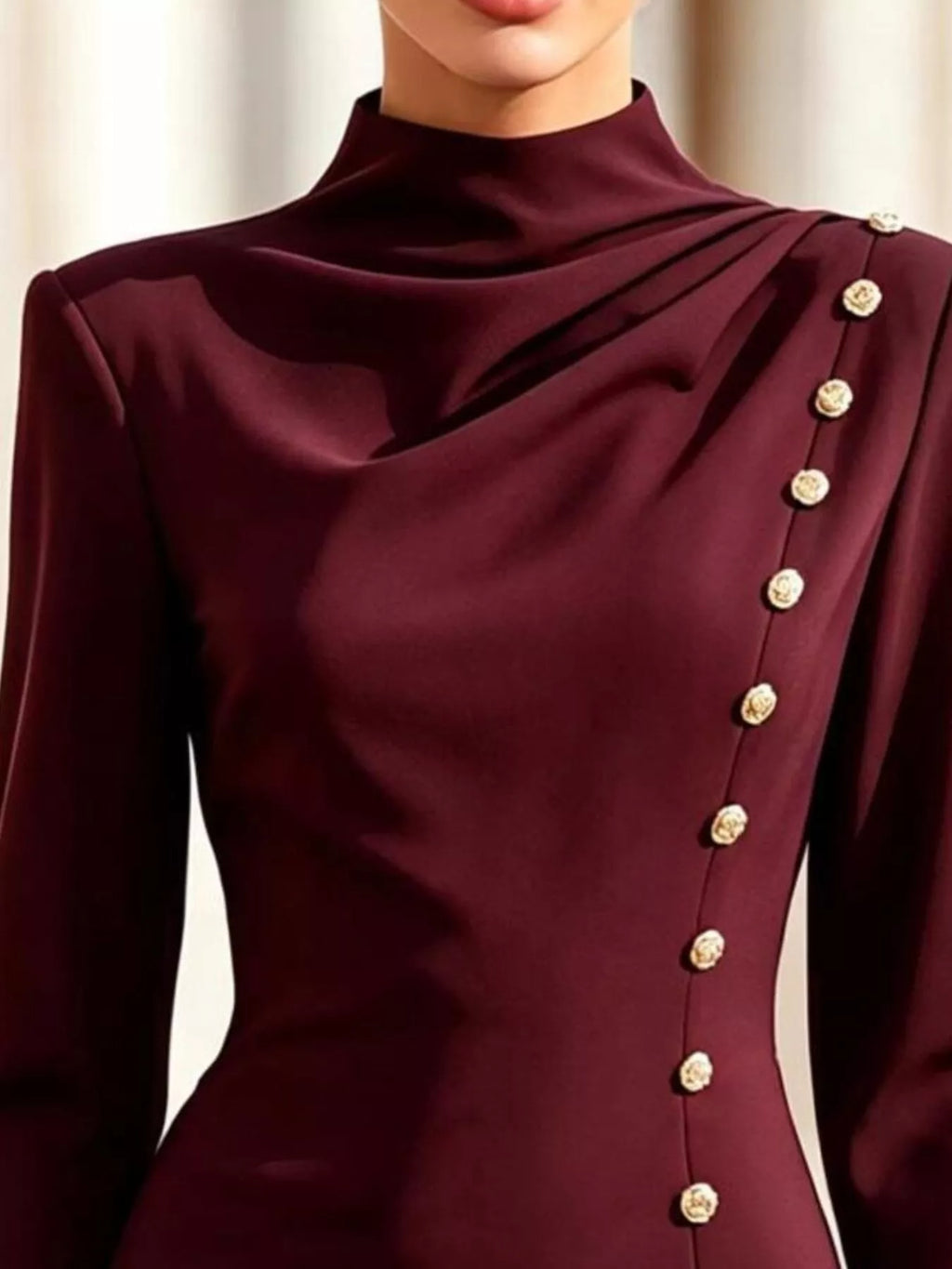 Mock Neck Long-Sleeve Bodycon Dress with Gold-Tone Button Detailing