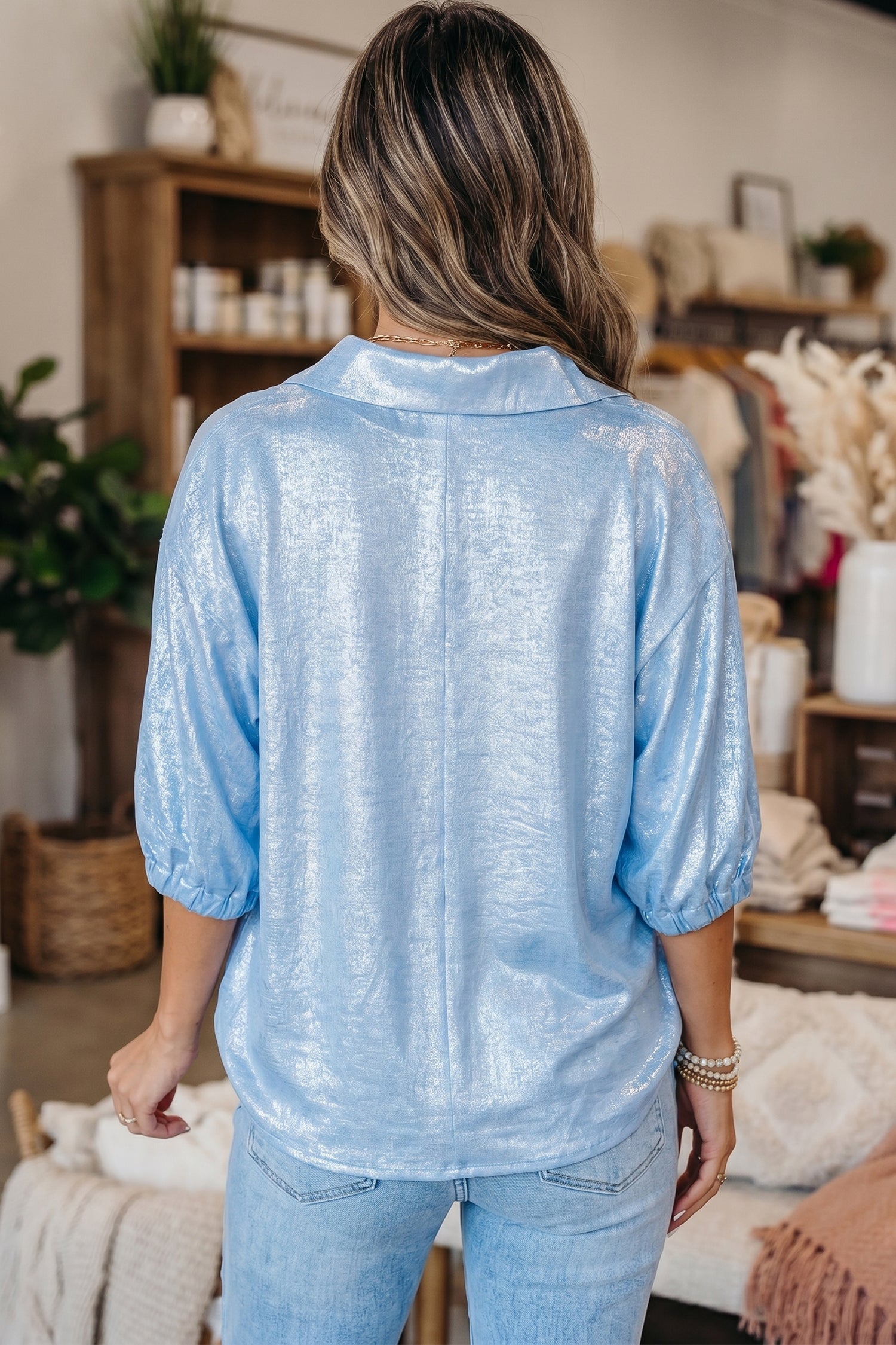 Myosotis Collared V Neck Half Sleeve Metallic Top