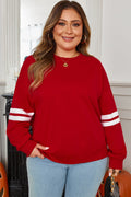 Fiery Red Varsity Striped Detail Crew Neck Plus Sweatshirt