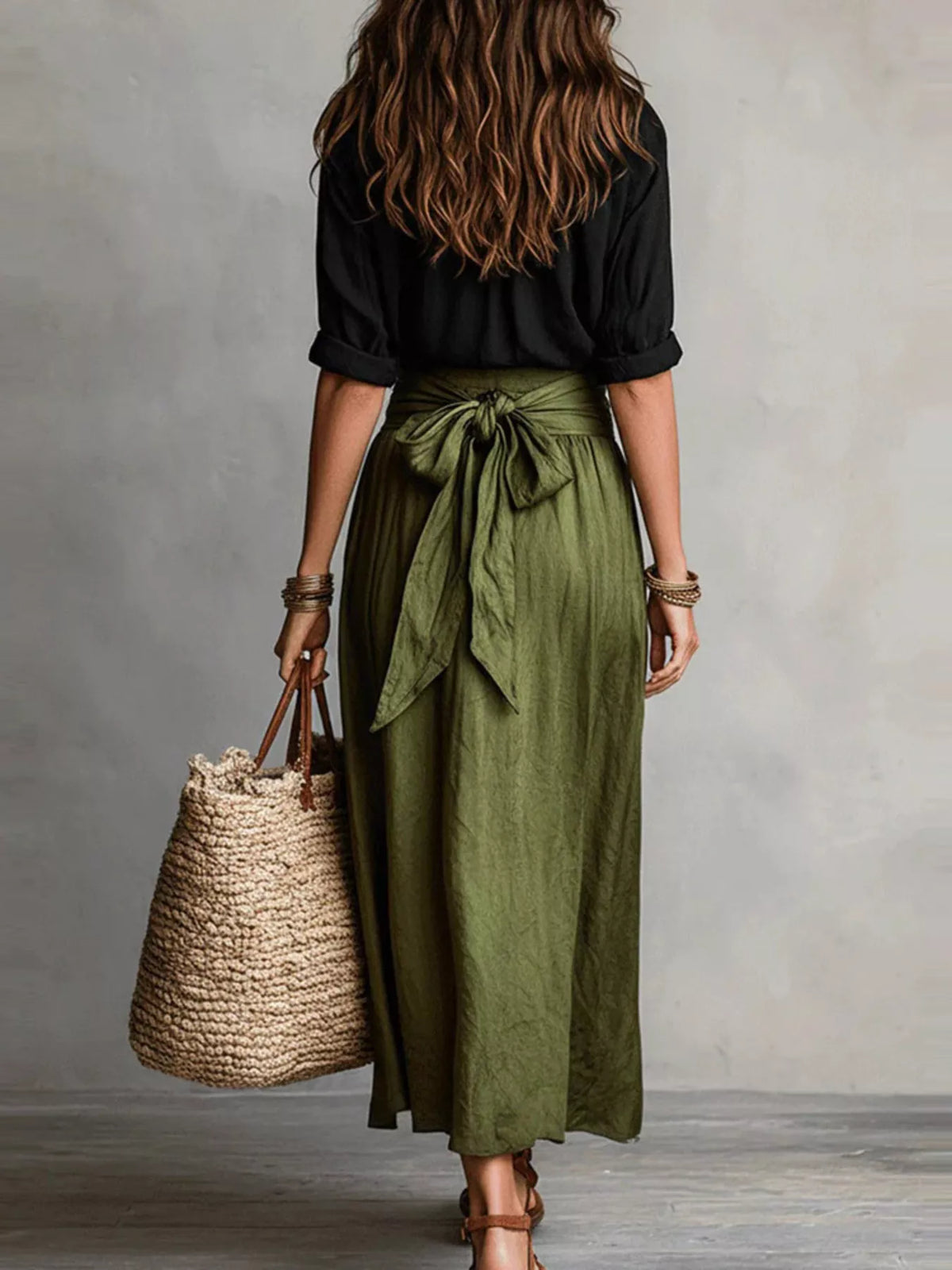 Button-Down Shirt and High-Waisted Tie-Front Maxi Skirt Set