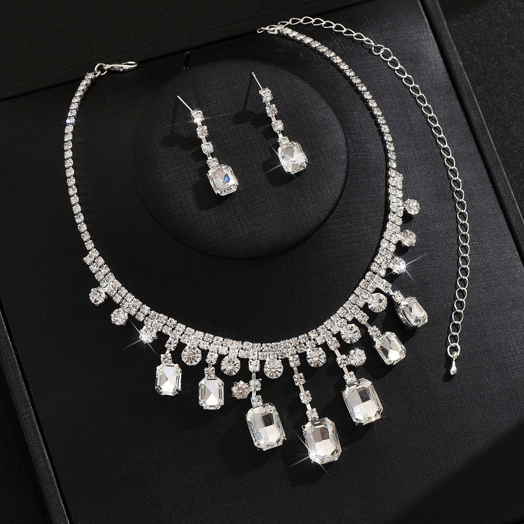 Cross-Border Dropshipping New White Rectangular Water Drop Tassel Crystal Necklace Earrings Women's Accessories Clavicle Chain