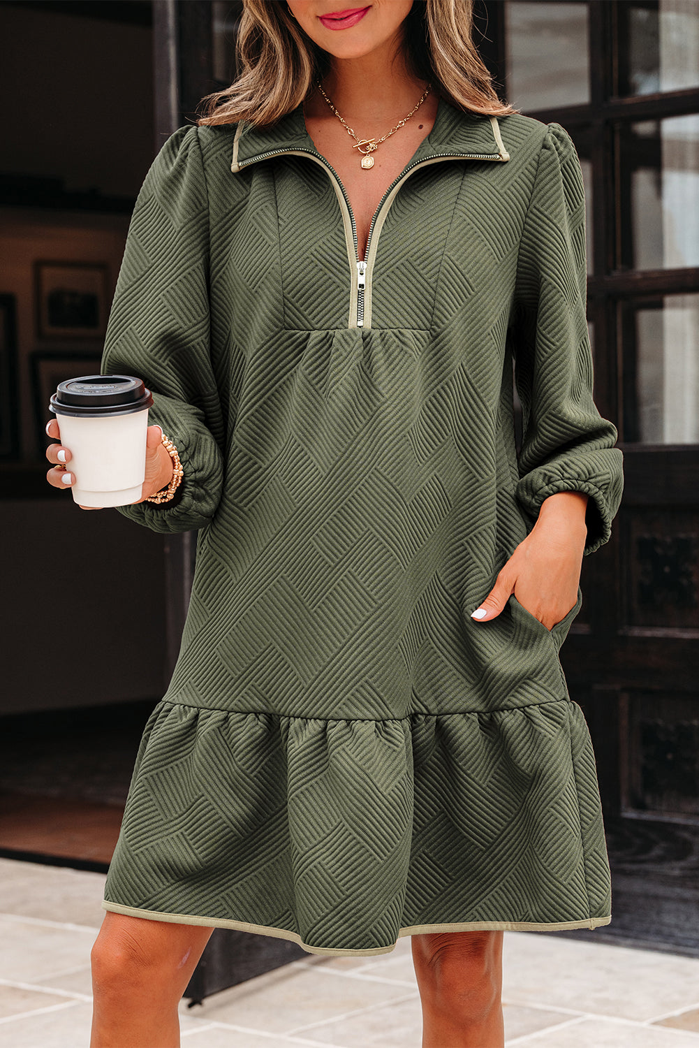 Dearlove Jungle Green Quarter Zip Collar Bracelet Sleeve Textured Mini Dress