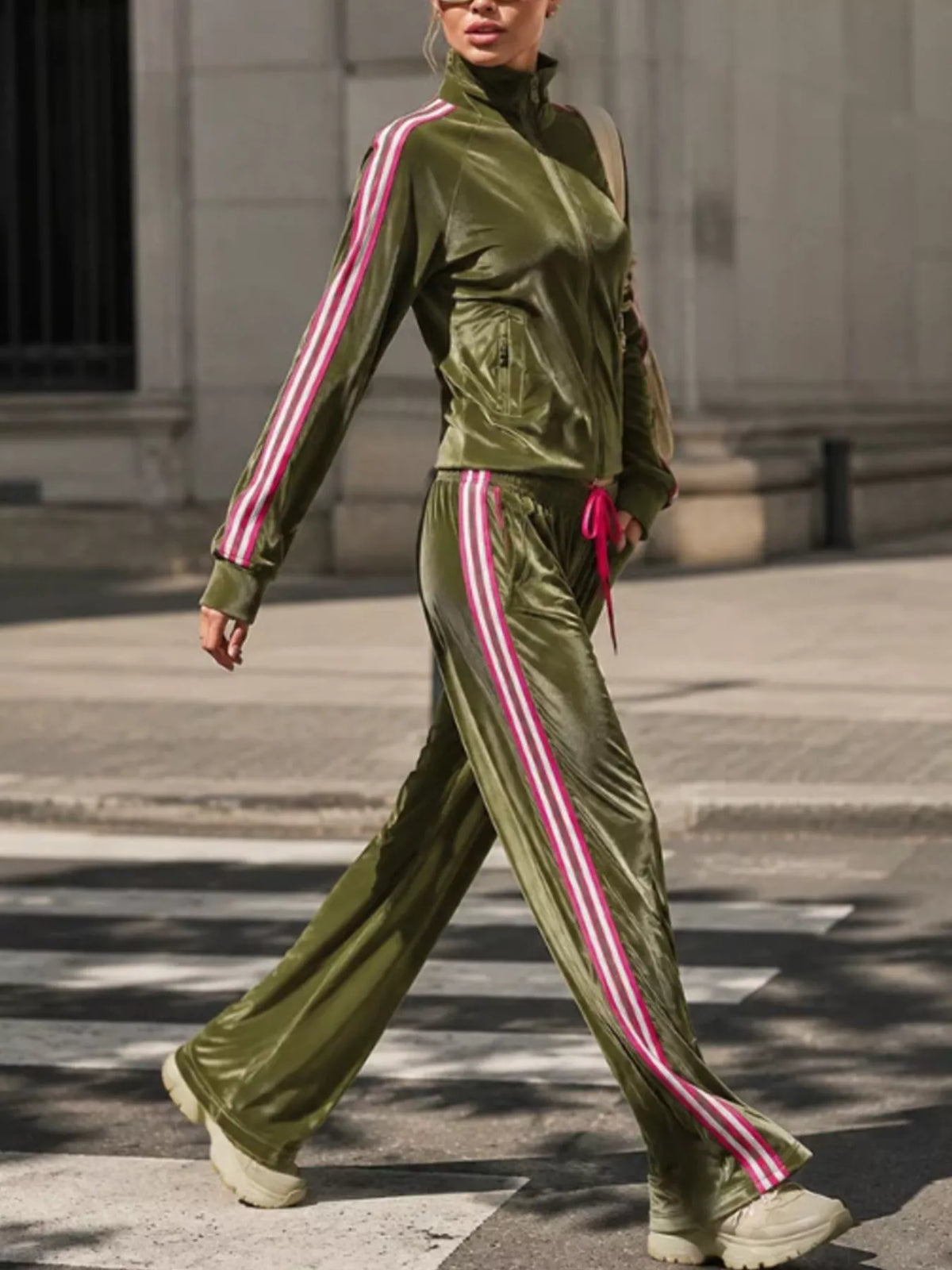 Striped Zip Up Outerwear and Pants Set