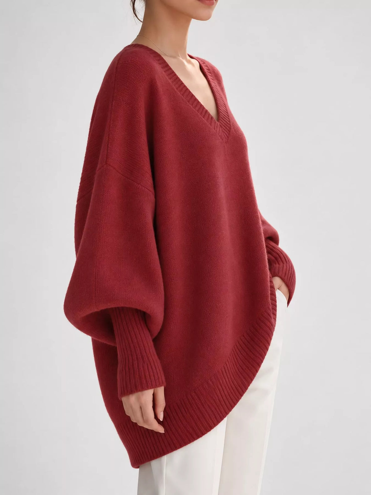 Full Size V-Neck Oversized Batwing Sleeve Sweater Plus Size