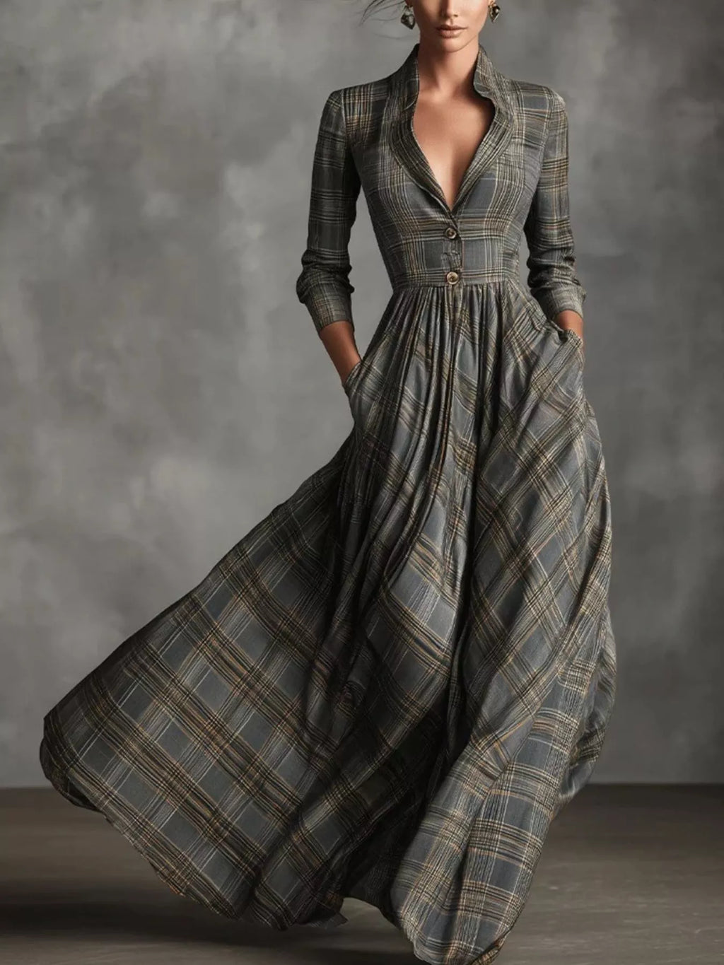Plaid Lapel Maxi Dress with Pockets