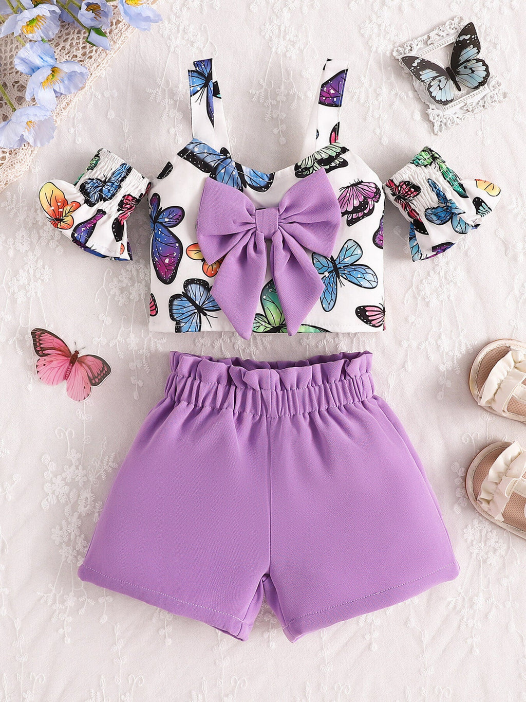 Children's Butterfly Print Bowknot Crop Top & Ruffle Shorts Set