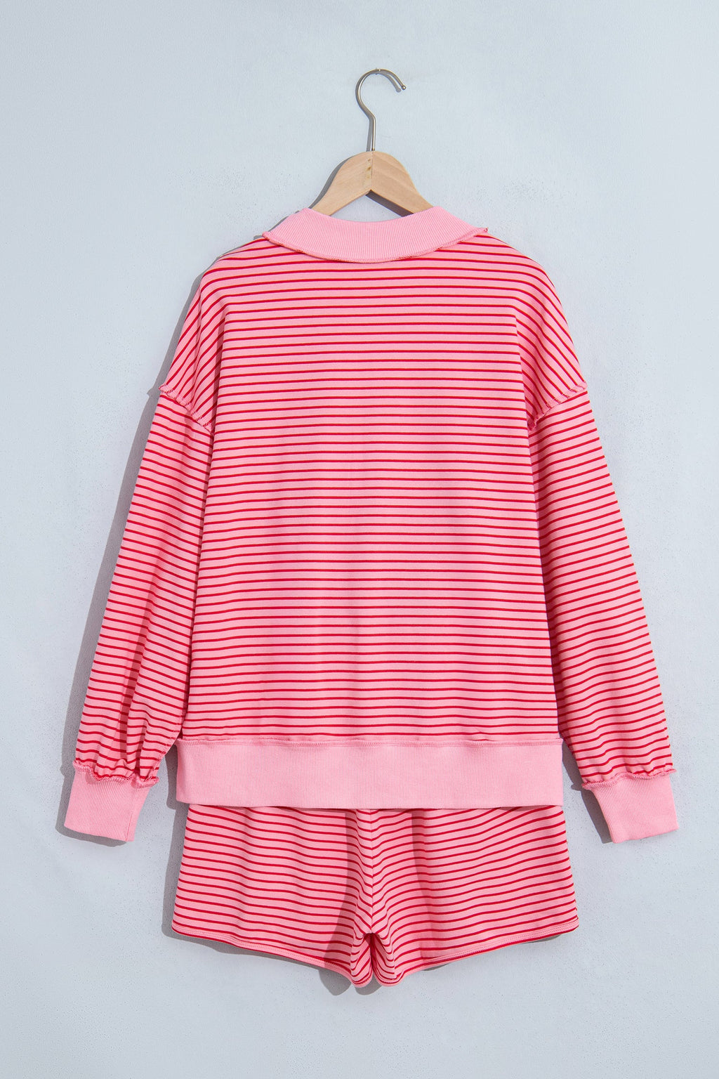 Blue Stripe Ribbed Patchwork Mock Neck Baggy Pullover Matching Shorts Set