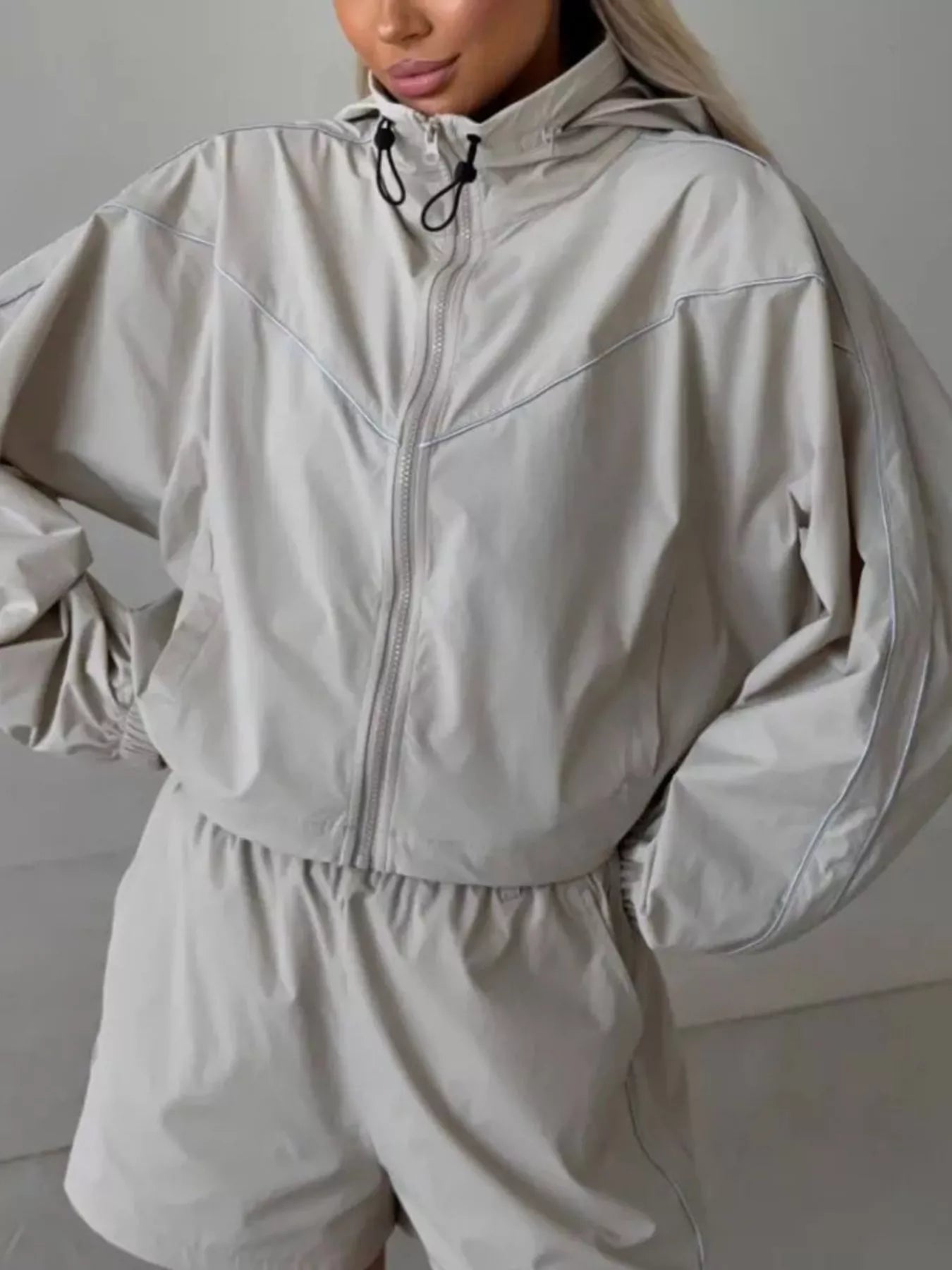 Drawstring Zip-Up Jacket and Shorts Set