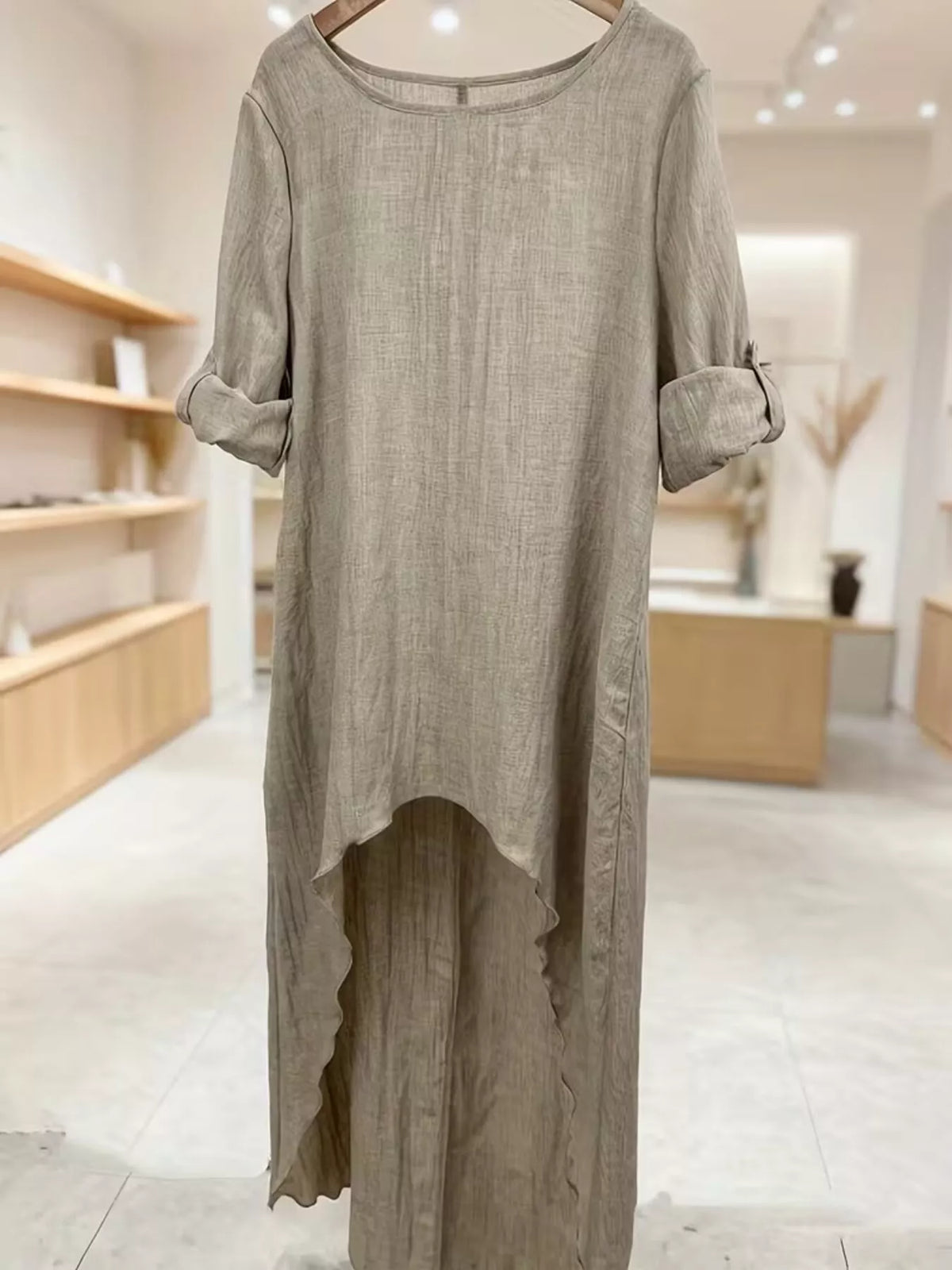 High-Low Hem Roll-Up Sleeves Blouse