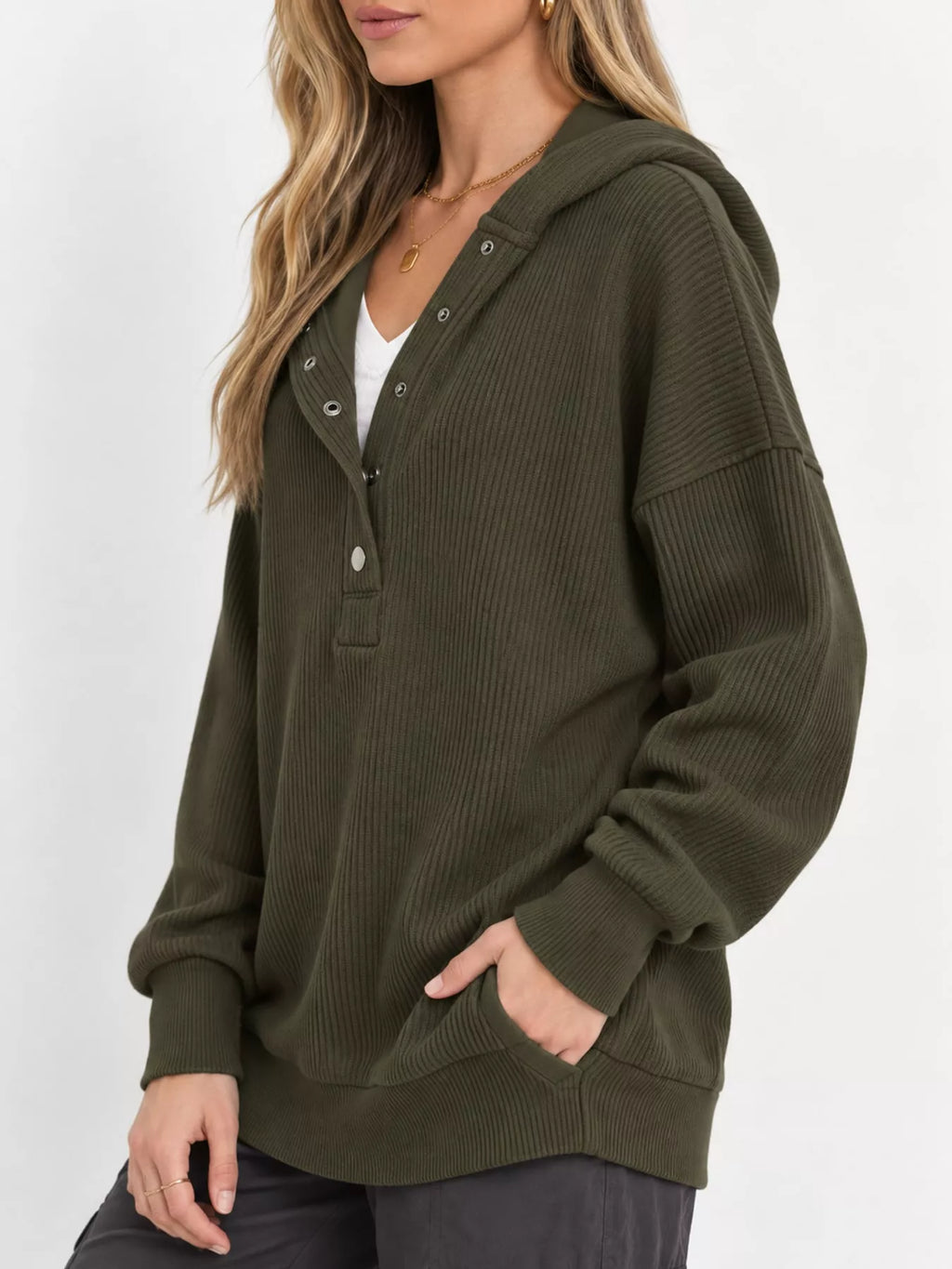 Full Size Snap Button Placket Dropped Shoulder Hoodie Plus Size