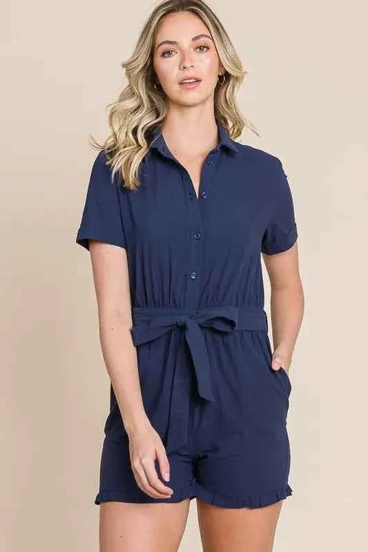 Collared Button-Down Cotton Romper with Tie Belt
