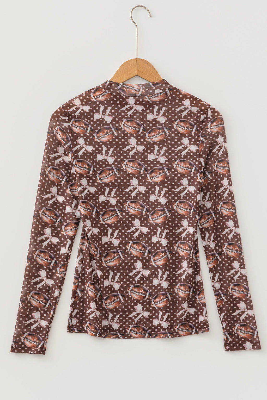 Brown Polka Dot Bow Football Print Long Sleeve Mesh Top