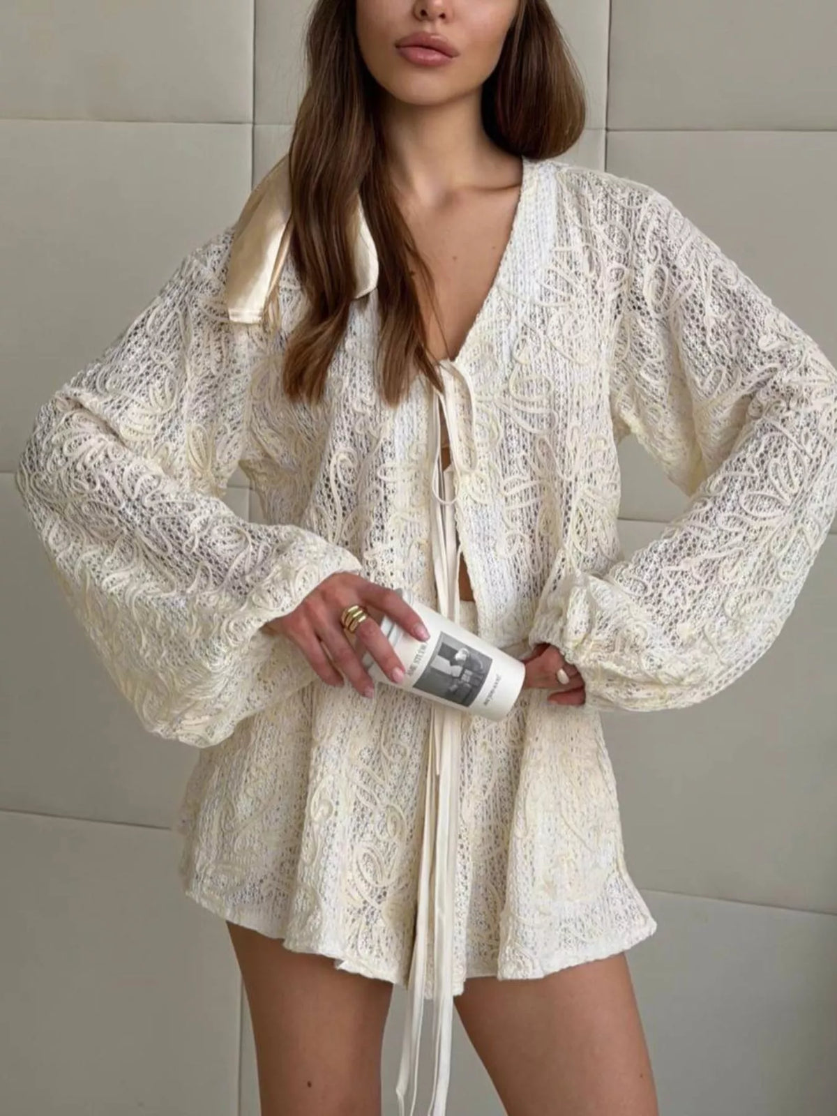 Lace Crochet Tie Front Top and Shorts Two-Piece Lounge Set