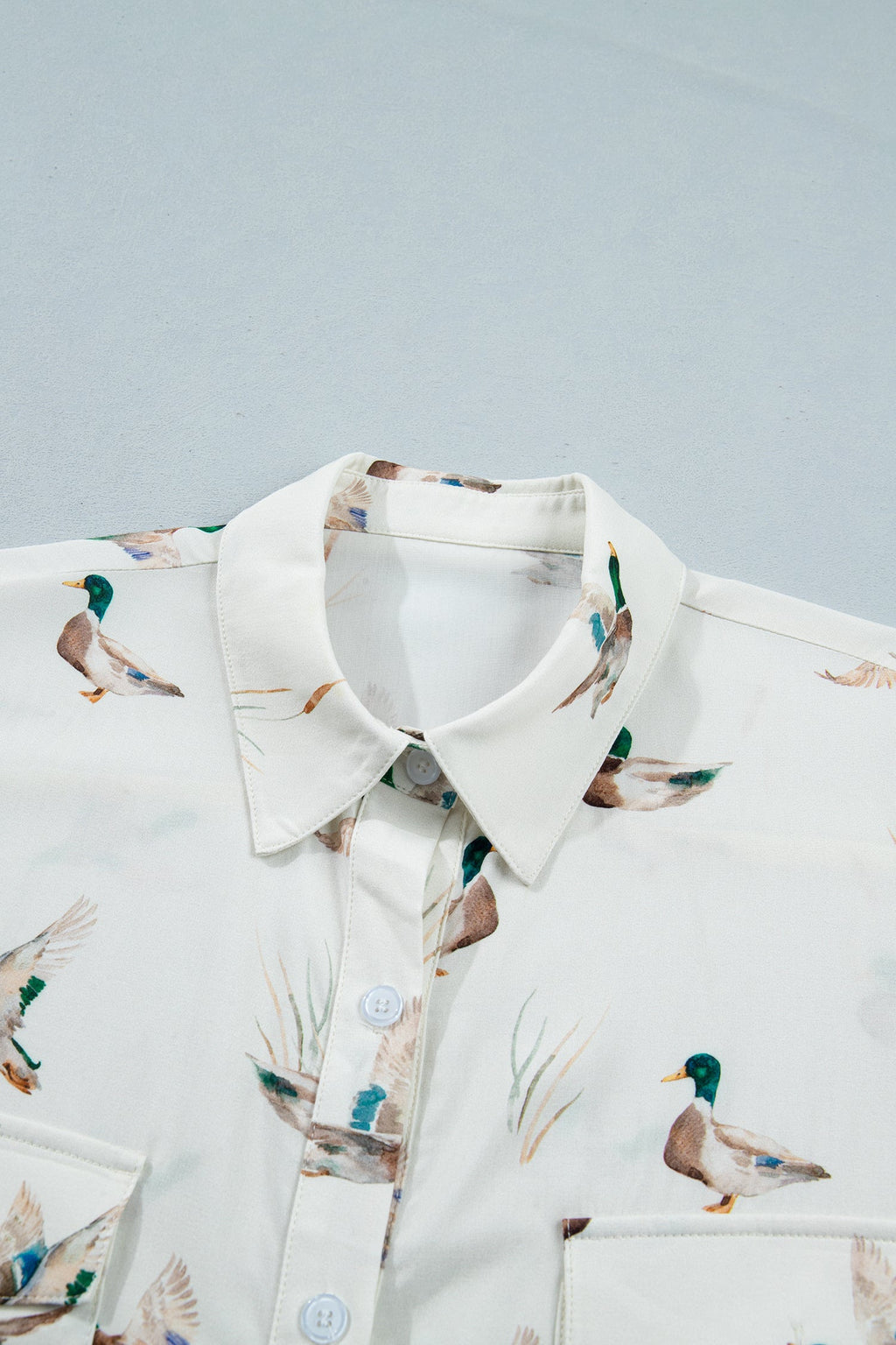 White Mallard Printed Button Flap Pocket Short Sleeve Shirt