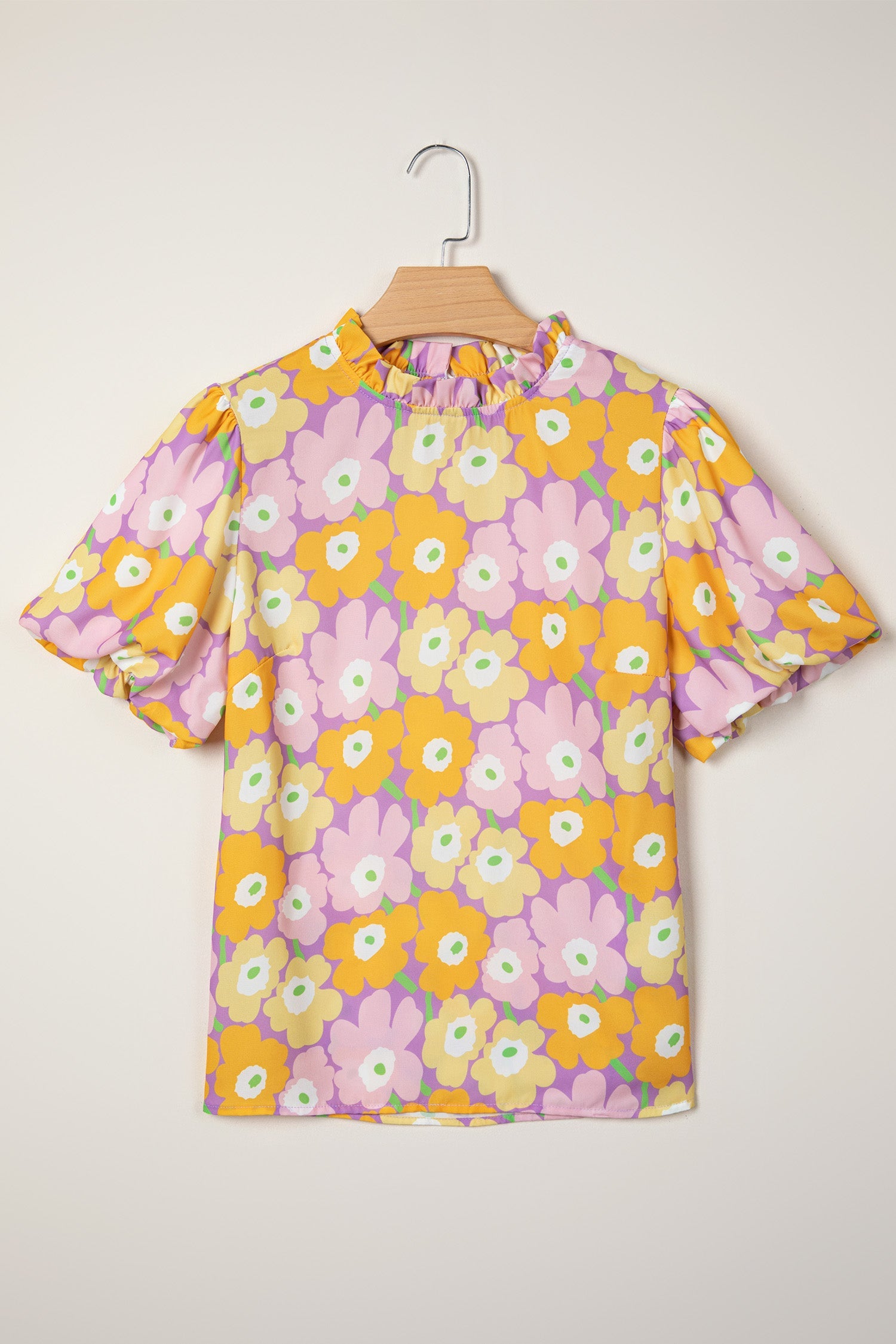 Purple Frilled Neck Puff Short Sleeve Flower Top