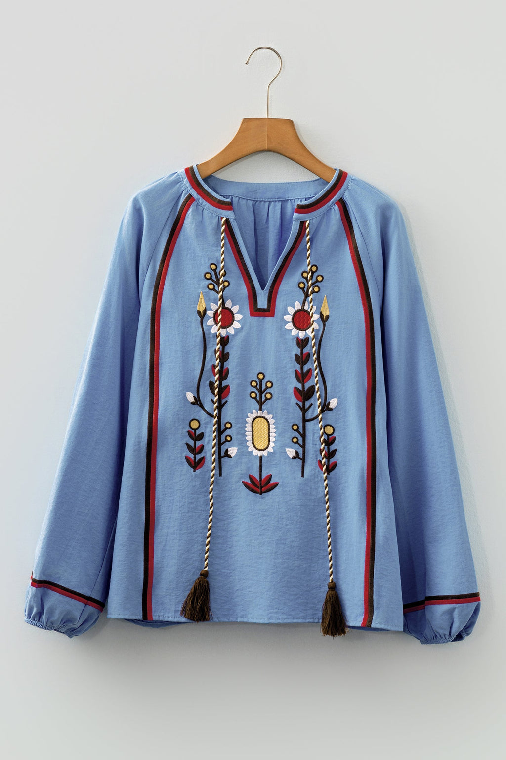 Real Teal Floral Embroidered Split Neck Tassel Tie Puff Sleeve Blouse