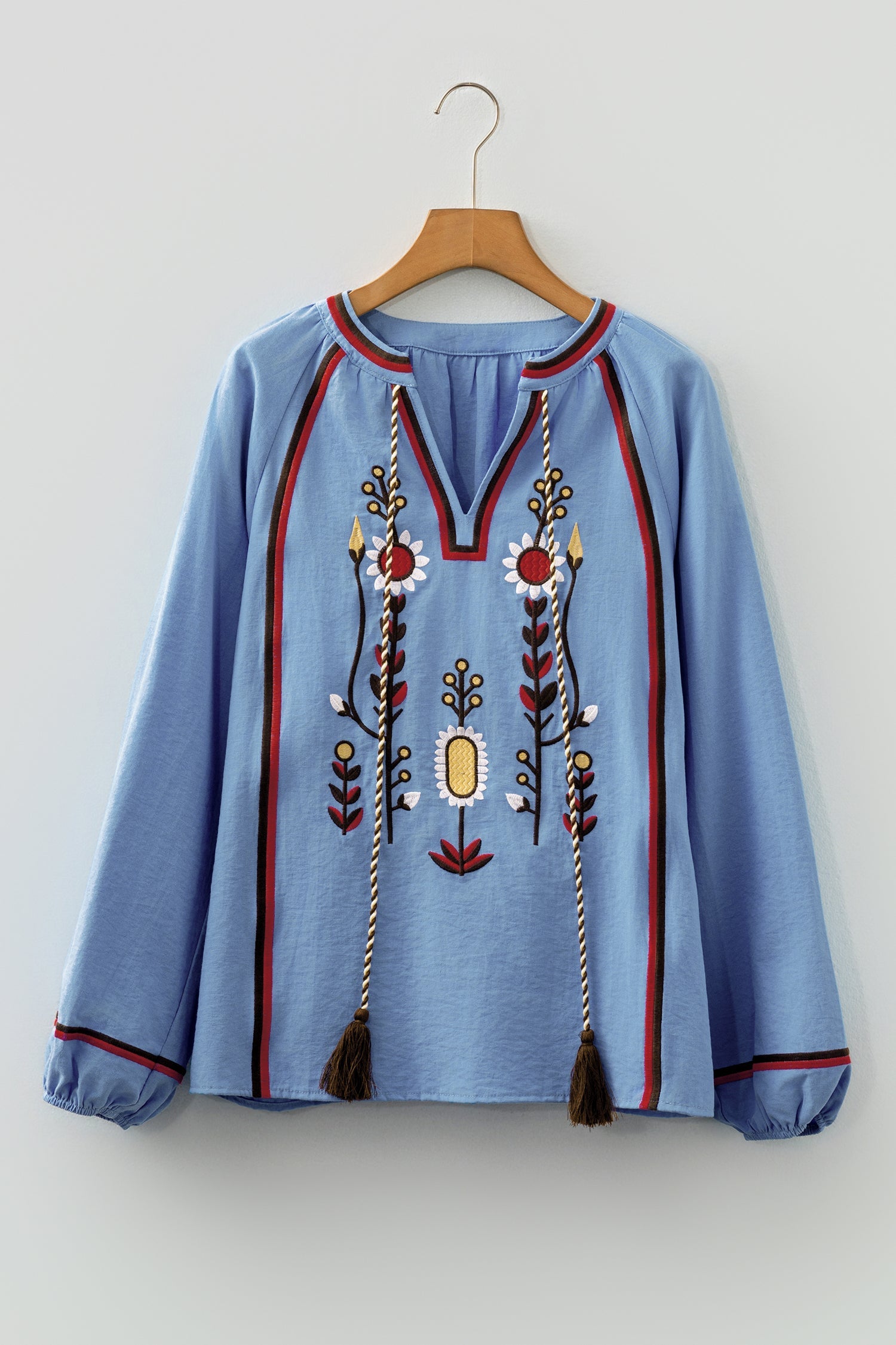 Real Teal Floral Embroidered Split Neck Tassel Tie Puff Sleeve Blouse