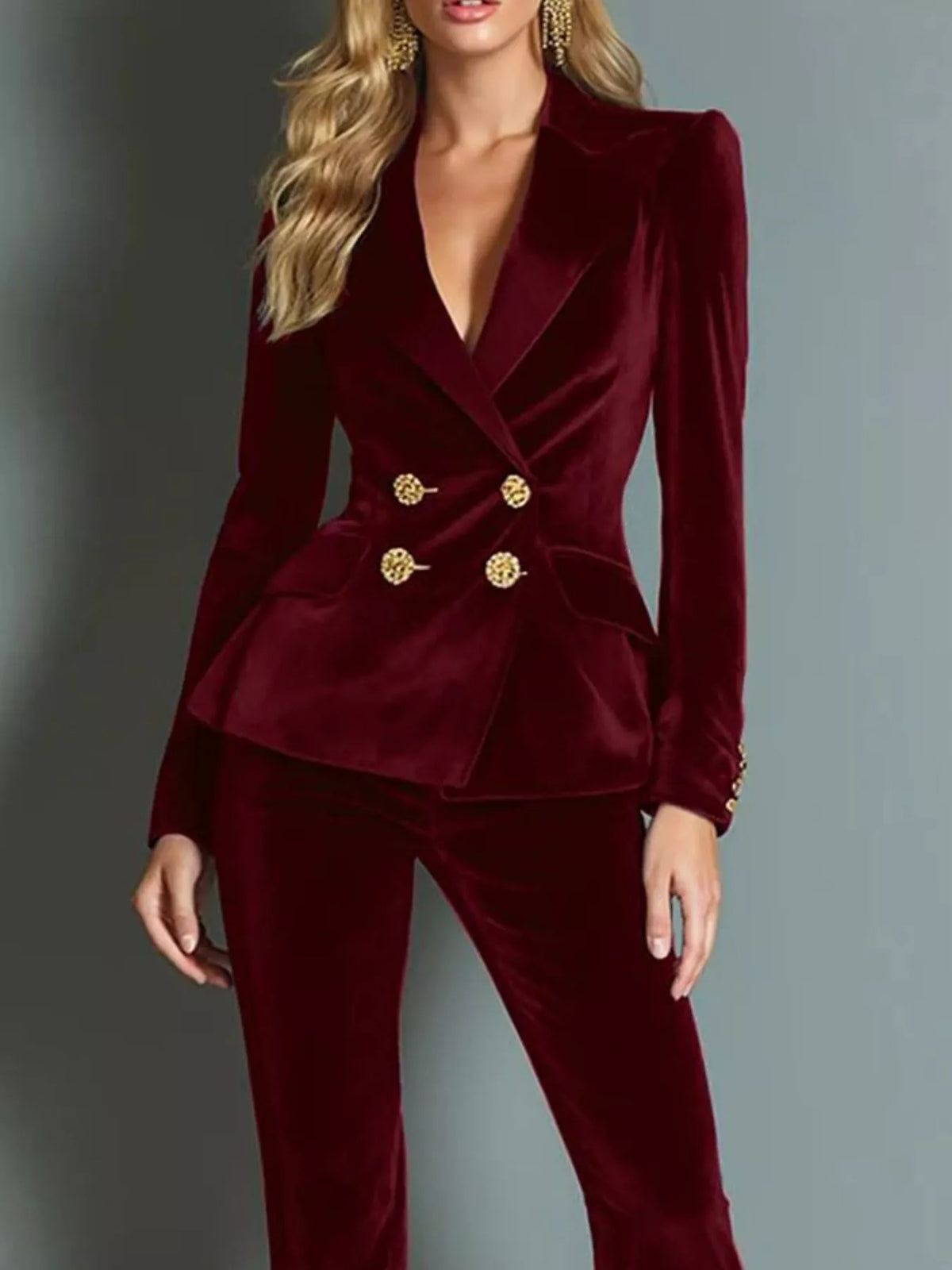 Velvet Double-Breasted Blazer and Flared Pants Set
