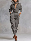 Button Front Long-Sleeve Jumpsuit