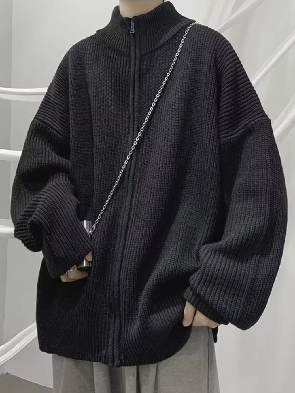 Men's Oversized Ribbed Zip-Up Sweater Cardigan