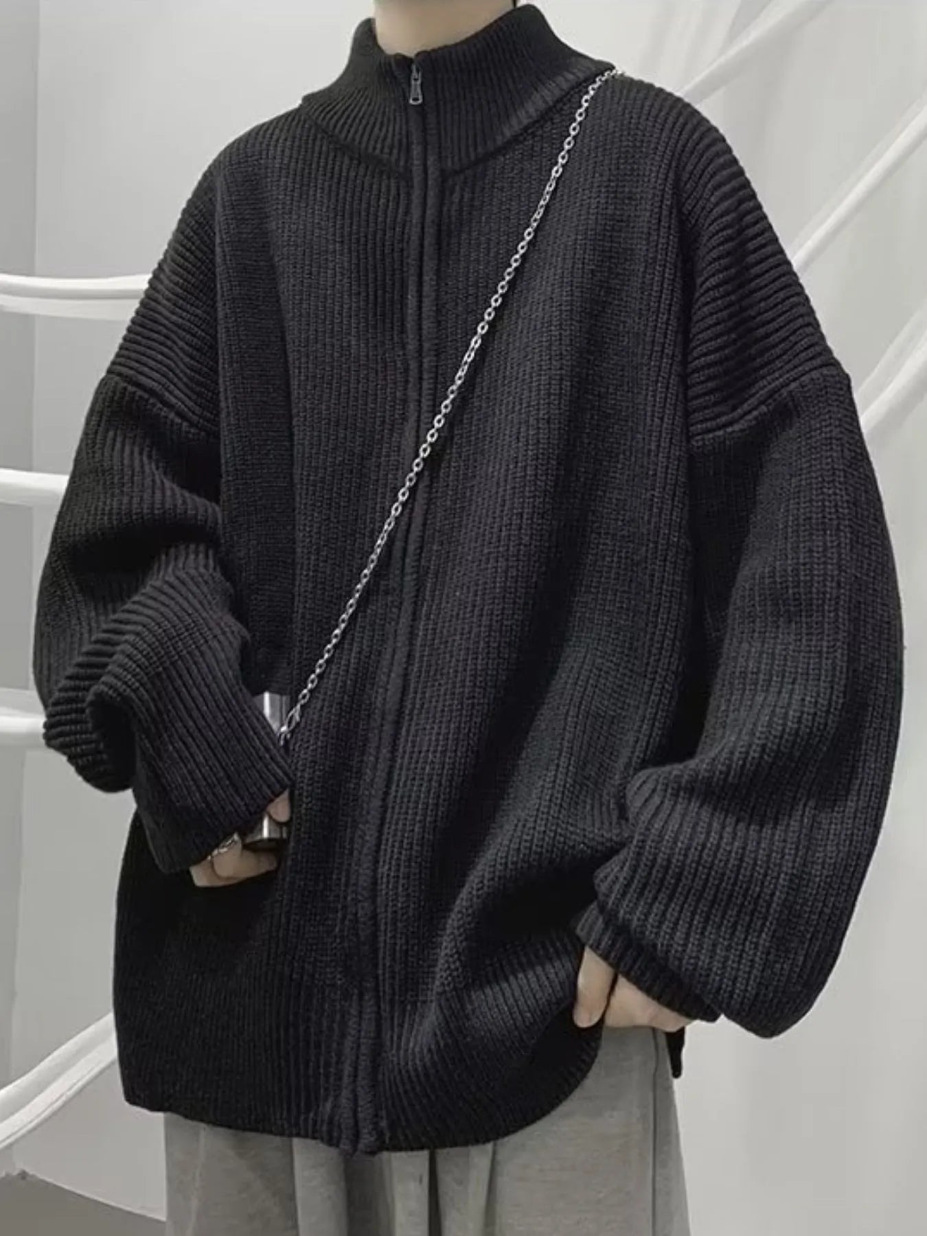 Men's Oversized Ribbed Zip-Up Sweater Cardigan