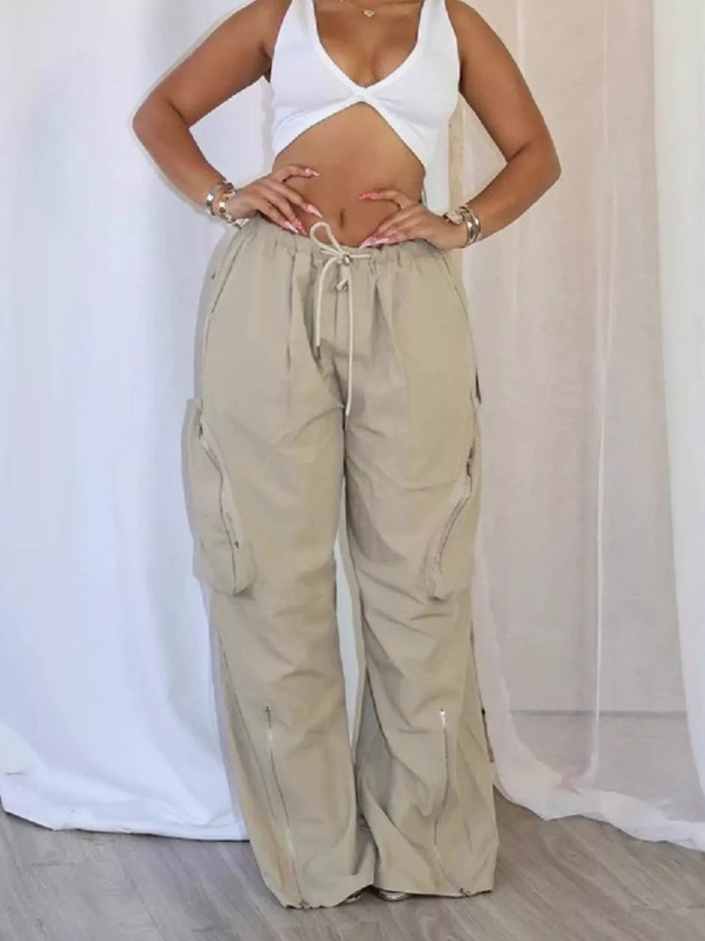 Drawstring Cargo Pants with Zipper Accents