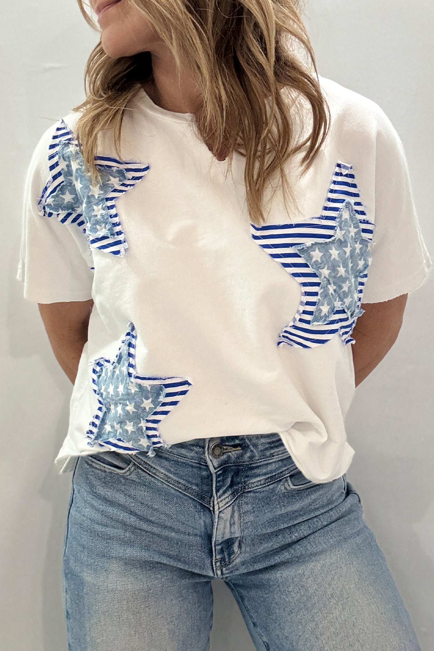 White Patriot Star Patched Notched Neck Mineral Washed Tee