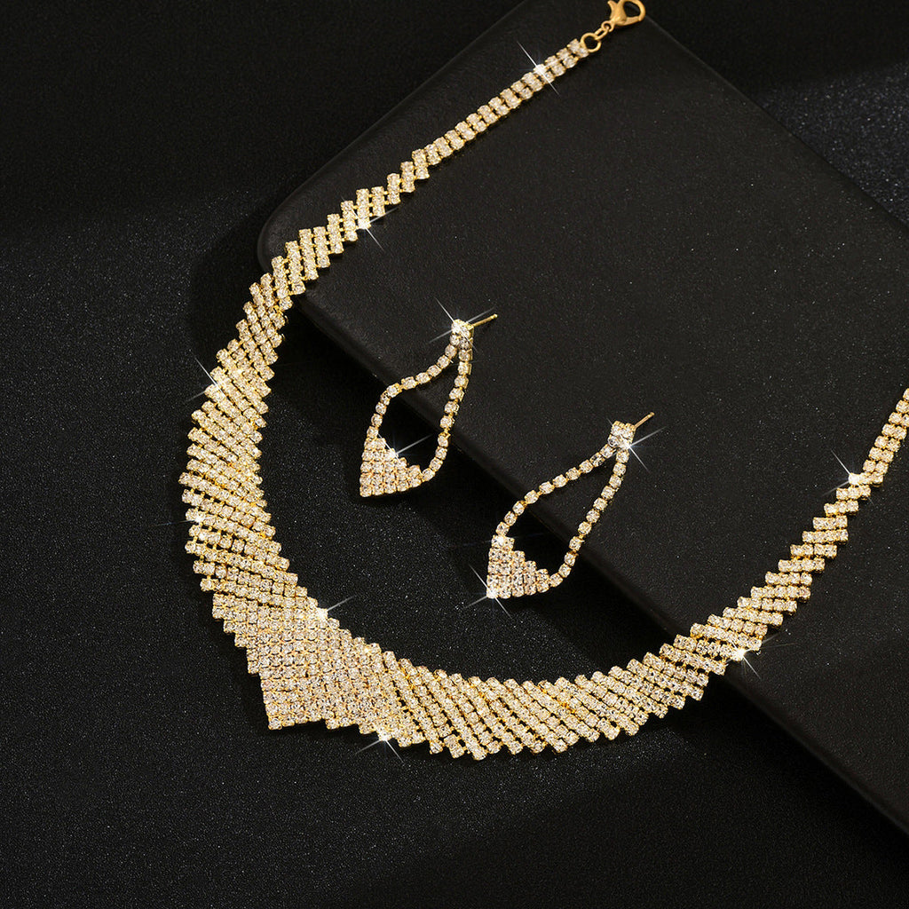 Womens Glamorous Bridal 2 Pcs Rhinestone Set,Gold Tone V Shape Necklace And Hollow Diamond Shape Dangle Earrings For Wedding Party Wear