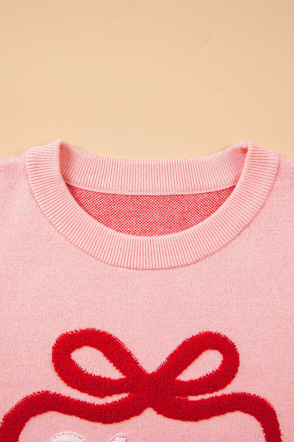 Gossamer Pink Drop Shoulder Round Neck Towel Embroidery Slogan Pullover Sweater