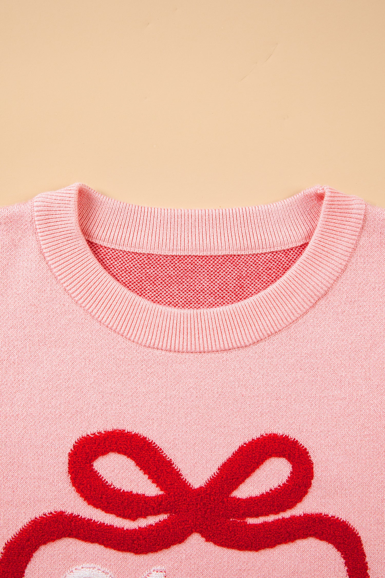 Gossamer Pink Drop Shoulder Round Neck Towel Embroidery Slogan Pullover Sweater