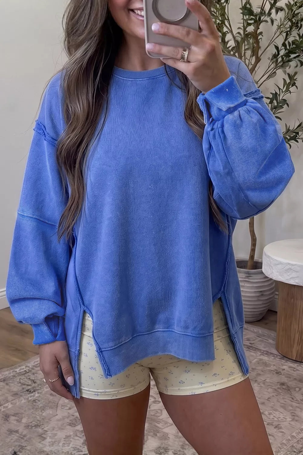 Mineral Wash Split Hem Loose Tunic Sweatshirt