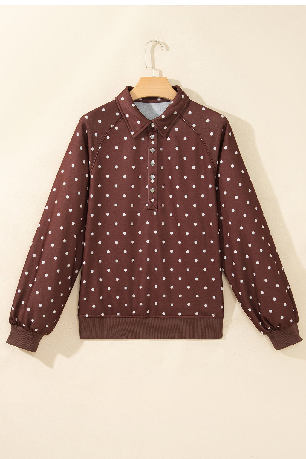 Pink Polka Dot Print Metal Button Collar Casual Pullover Sweatshirt