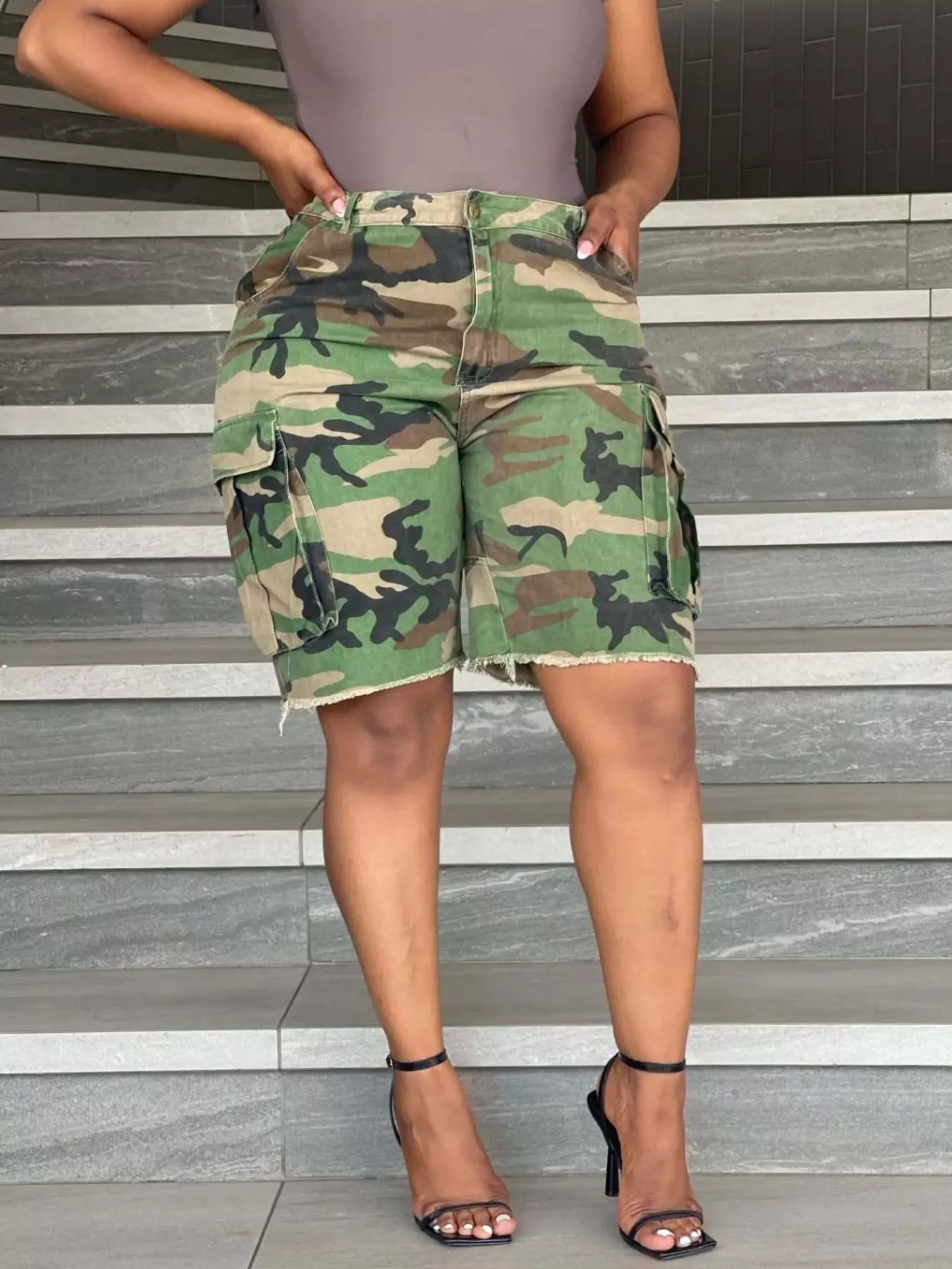 Camouflage Cargo Shorts with Raw Hem