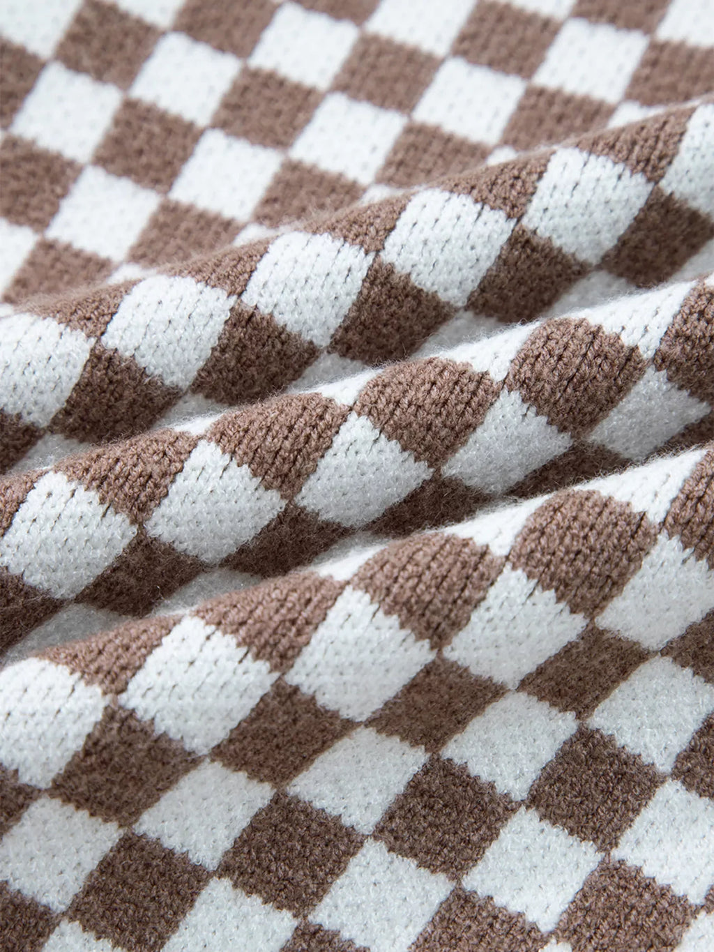 Half Button Ribbed Trim Checkerboard Knit Sweater