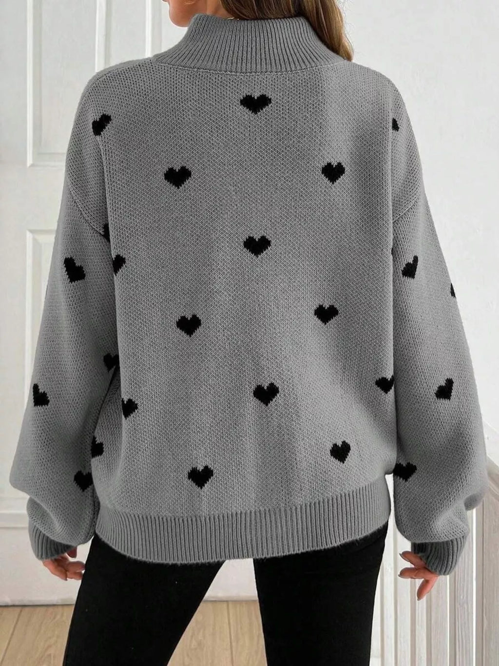 Full Size Heart Half-Zip Long Sleeve Sweater Plus Size