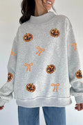 Sequin Pumpkin Face Bow Exposed Seam Halloween Sweatshirt