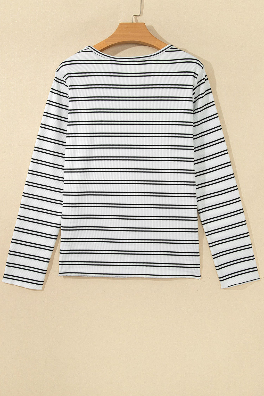 Beige Stripe Ribbed Knit Round Neck Long Sleeve Top