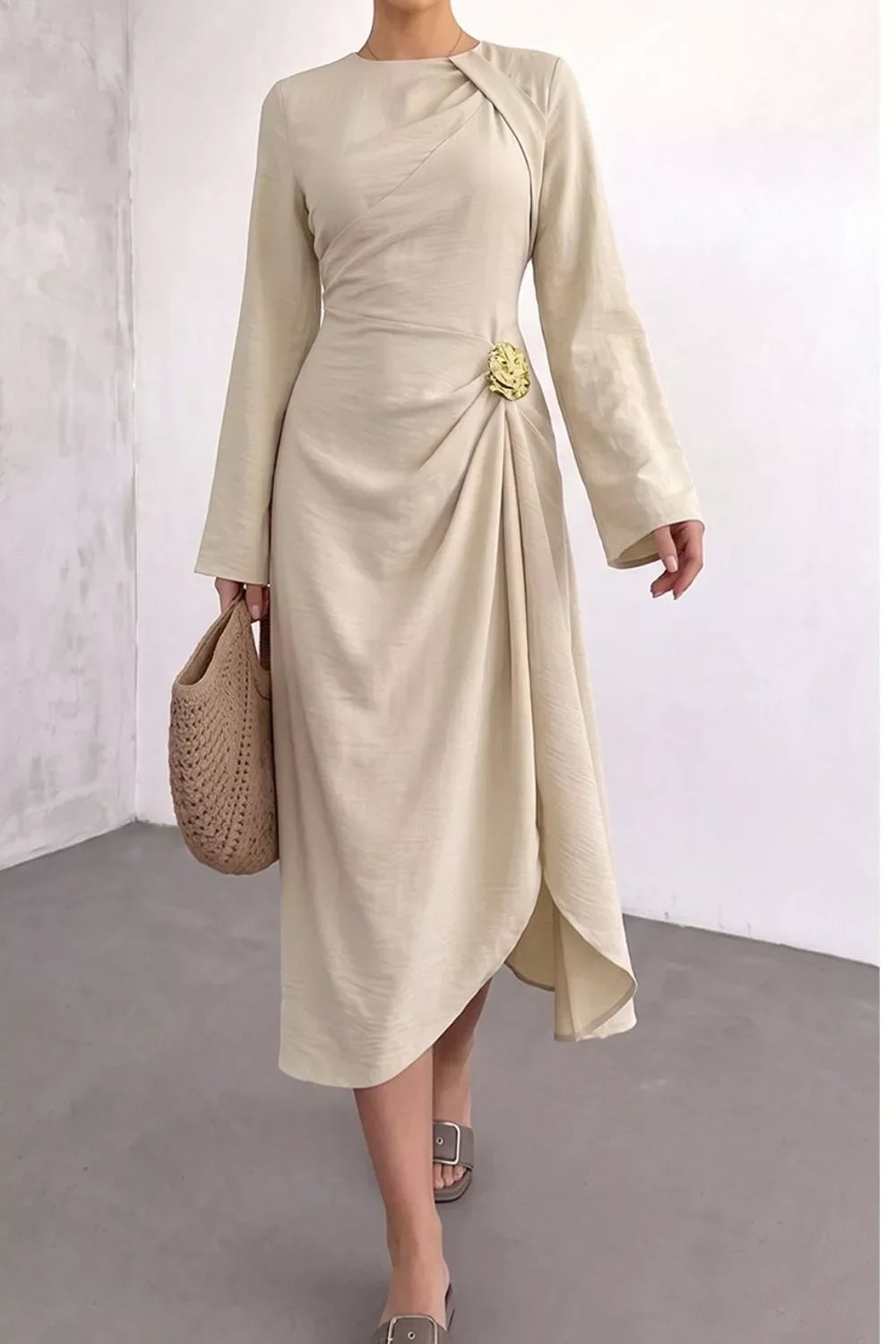 Ruched Long Sleeve Midi Dress