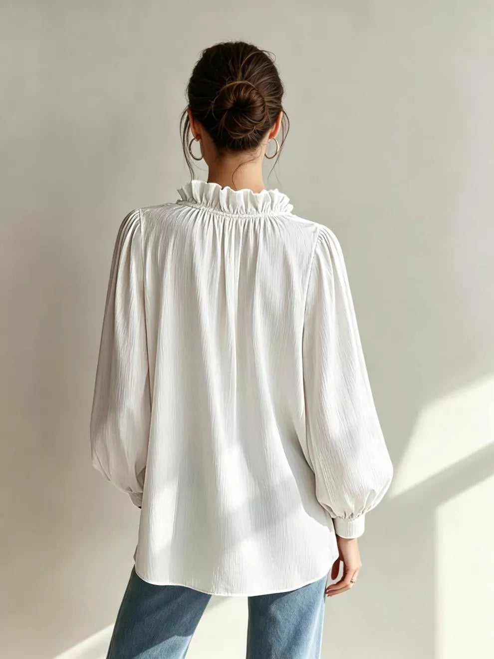 Frill Notched Long Sleeve Blouse