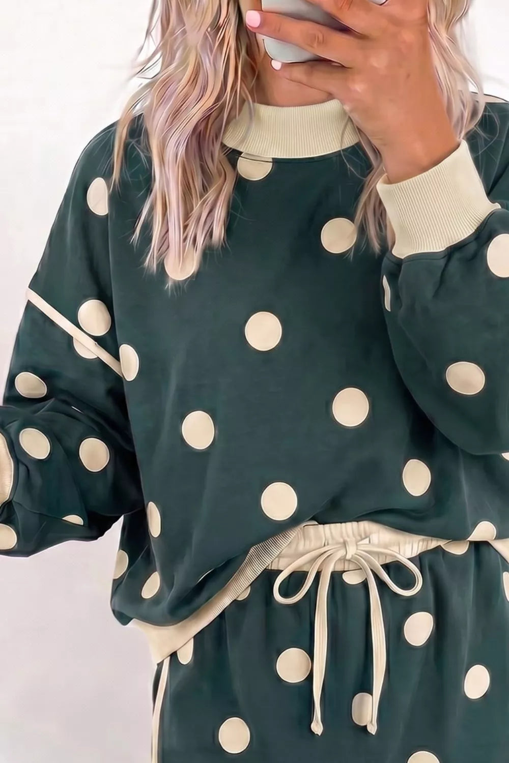 Polka Dot Print Color Block Trim Baggy Pullover Drawstring Skirt 2pcs Set