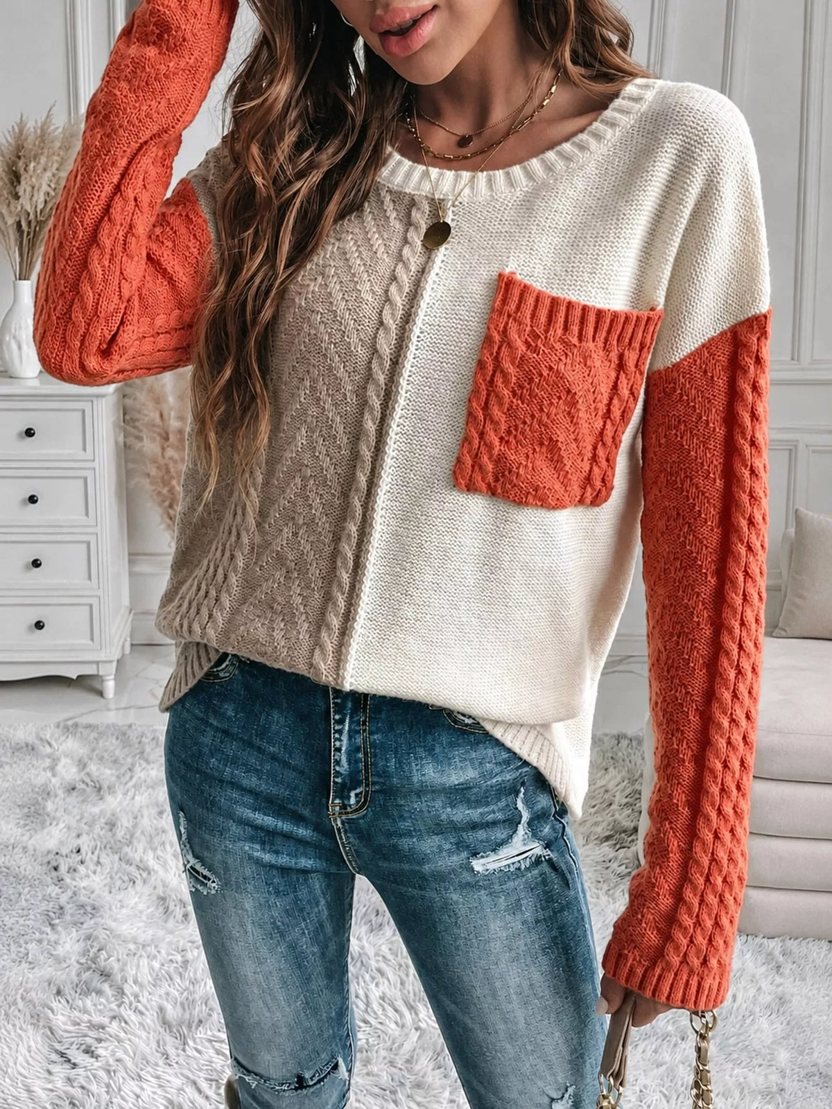 Color Block Cable Knit Sweater